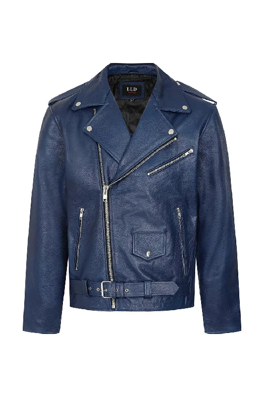 Men's Genuine Blue Classic Leather Biker Jacket - 'FONZY'