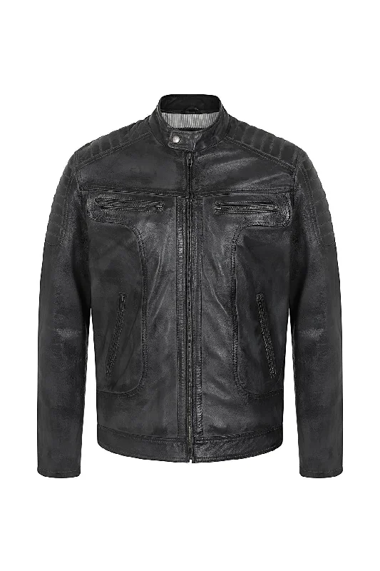 Men's Grey Leather Racer Biker Style - CHARLIE