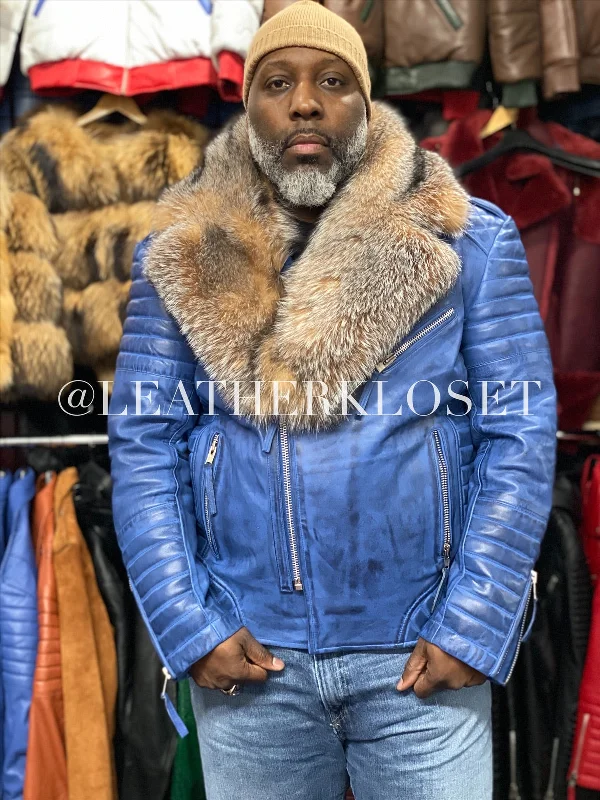 Men's Jay Biker Distressed Blue With Full Fox Fur Collar