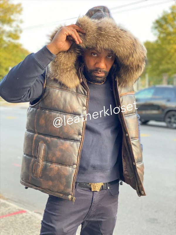 Men's Leather Bubble Vest Copper With Premium Raccoon Hood