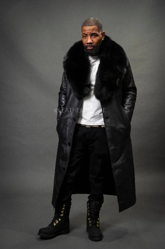 Men's Leather Unnameable Trench Coat With Fox Collar [Black]