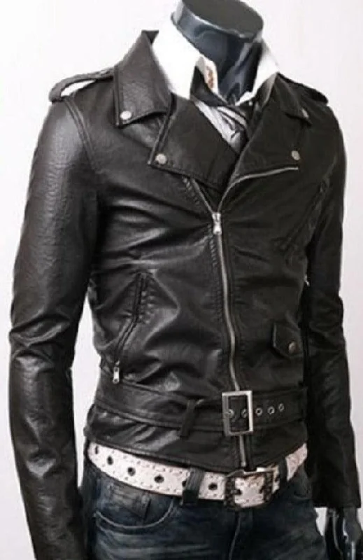 Mens Slim fit Belted Rider Vintage Classic Black Motorcycle Leather Jacket