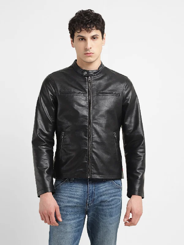 Men's Solid Black Band Neck Jacket