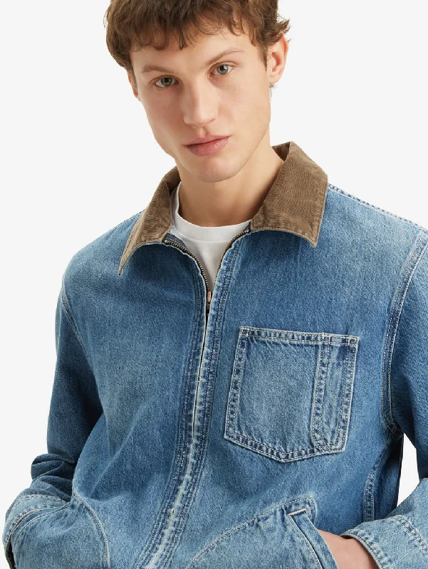 Men's Solid Blue Spread Collar Denim Jacket