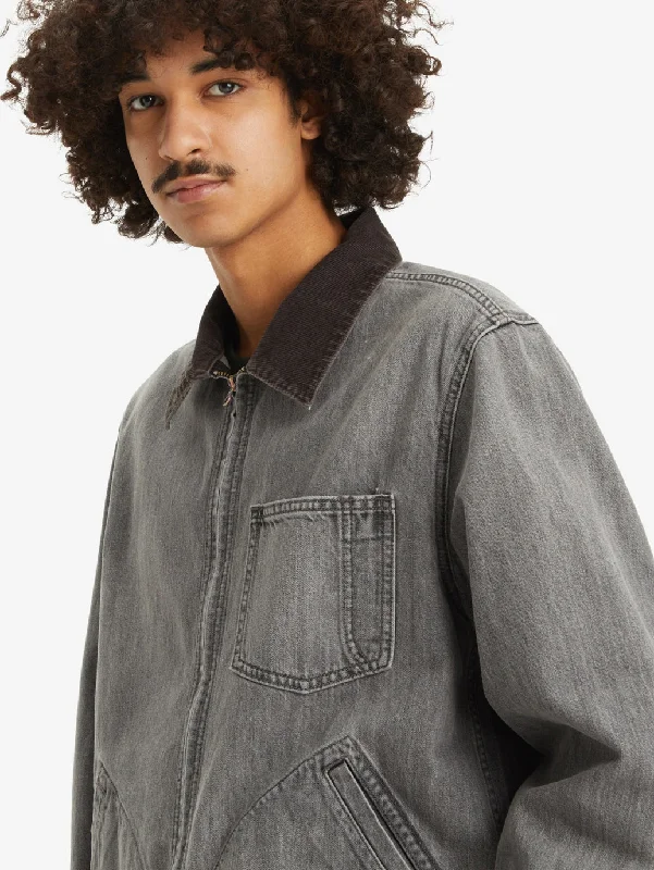 Men's Solid Charcoal-Grey Spread Collar Denim Jacket