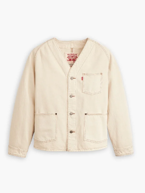 Men's Solid Cream V Neck Denim Jacket