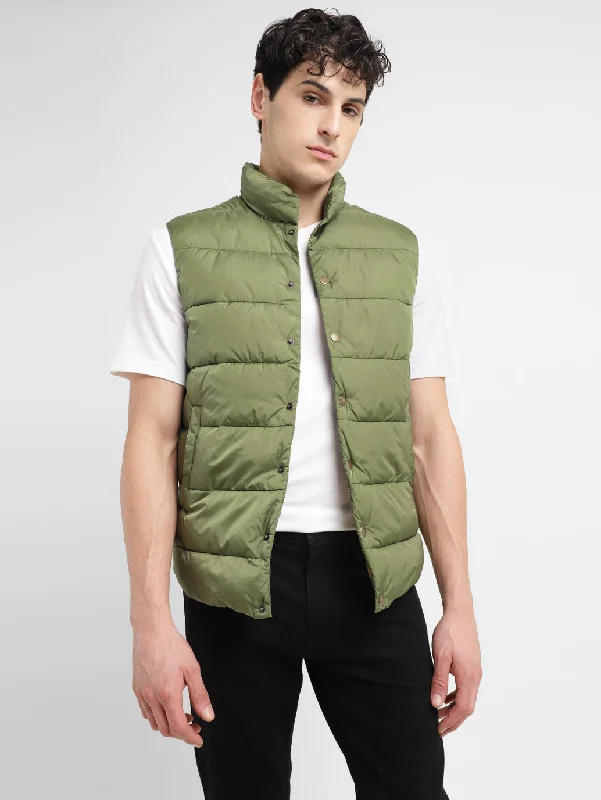 Men's Solid Green Band Neck Jacket