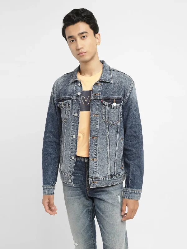 Men's Solid Mid Indigo Spread Collar Jacket