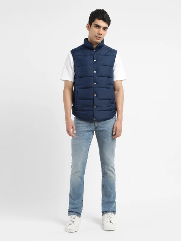 Men's Solid Navy Band Neck Jacket