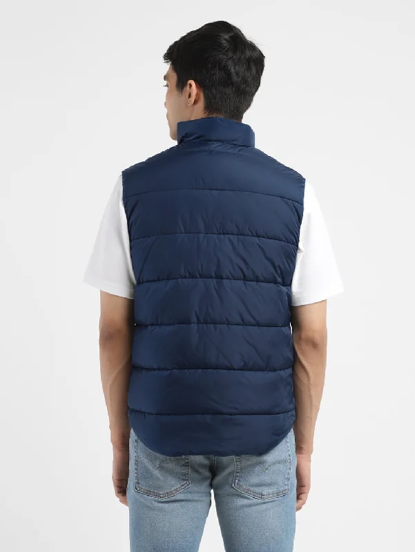 Men's Solid Navy Band Neck Jacket