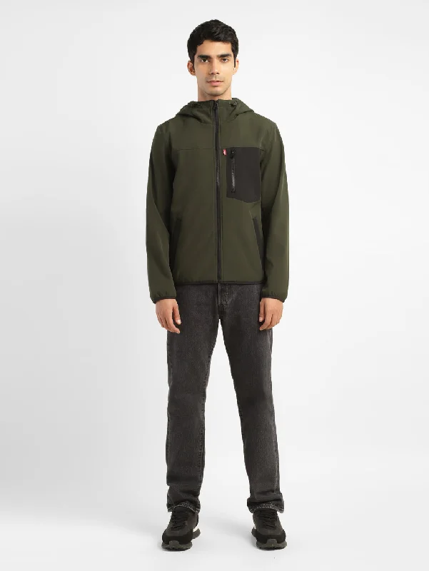 Men's Solid Olive Hooded Jacket