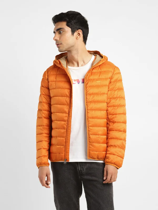 Men's Solid Orange Hooded Jacket