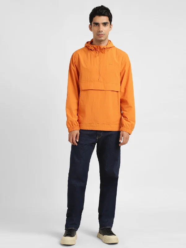 Men's Solid Orange Hooded Jacket