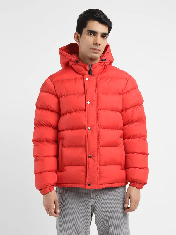 Men's Solid Red Hooded Jacket