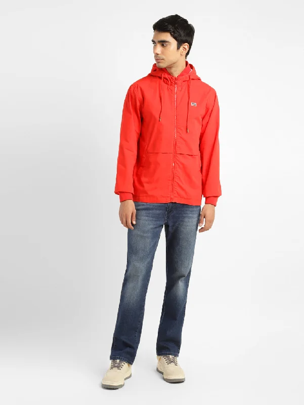 Men's Solid Red Hooded Jacket