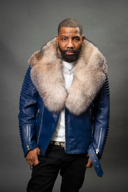 Men's Trey Biker Navy Full Fox Fur Collar [Crystal Fox]