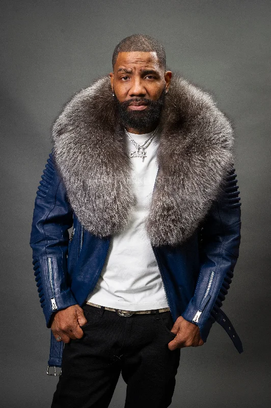 Men's Trey Biker Navy Full Fox Fur Collar [Silver Fox]