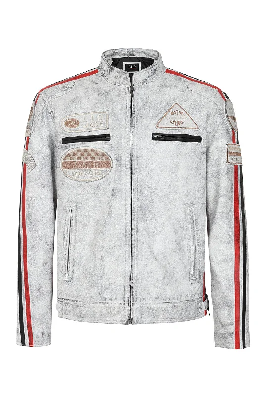 Men's White “Denim Look” Real Leather Racing Style Jacket with Stripes - 'FRANK'