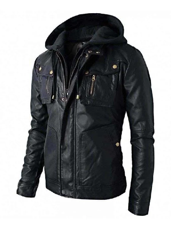 New Men's Motorcycle Brando Style Biker Real Leather Detachable Hoodie Jacket - Black