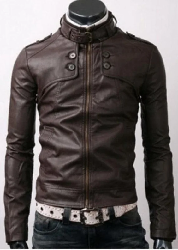 Slim Fit Button Pockets Rider Dark Brown Leather Jacket