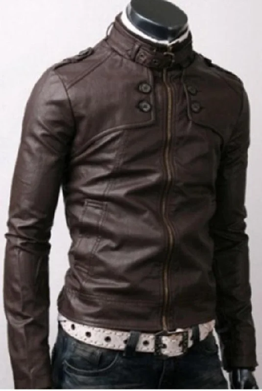 Slim Fit Button Pockets Rider Dark Brown Leather Jacket