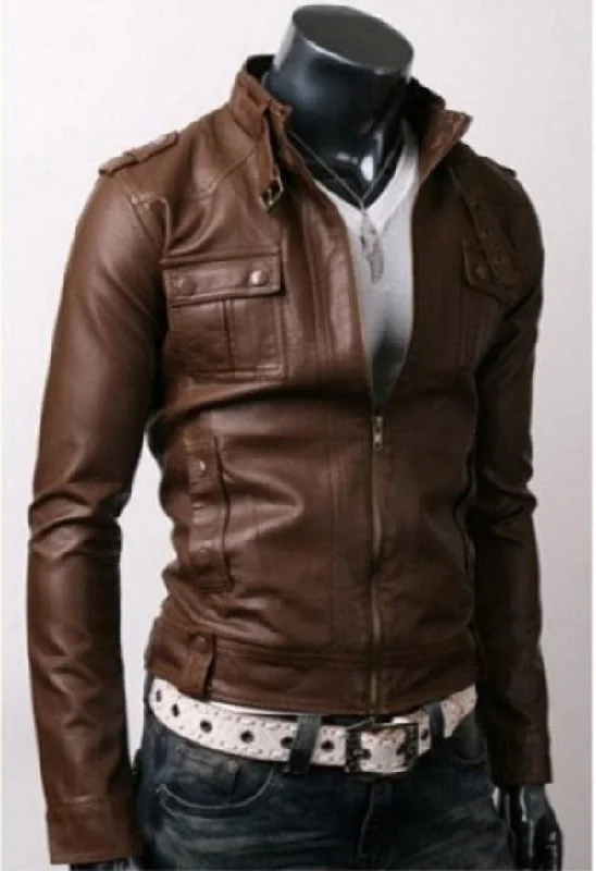 Strap Pocket Slim-fit Light Brown Leather Jacket