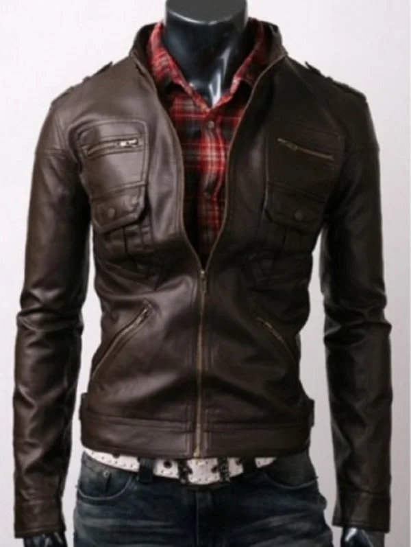 zip pocket brown leather jacket