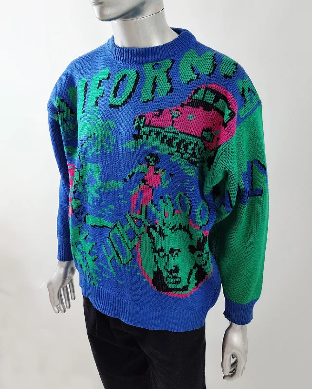 Hollywood California Vintage Mens Pop Art Blue Knit Sweater, 1980s