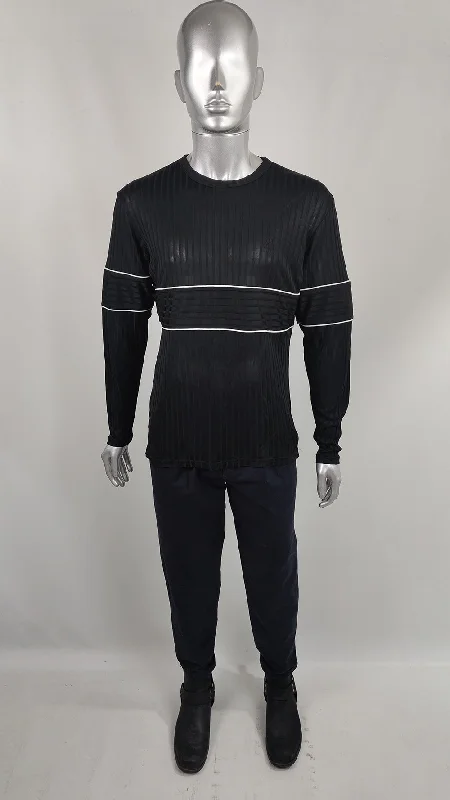 Nick Coleman Mens Vintage Black Ribbed Sheer Knit Jersey Top, 1990s