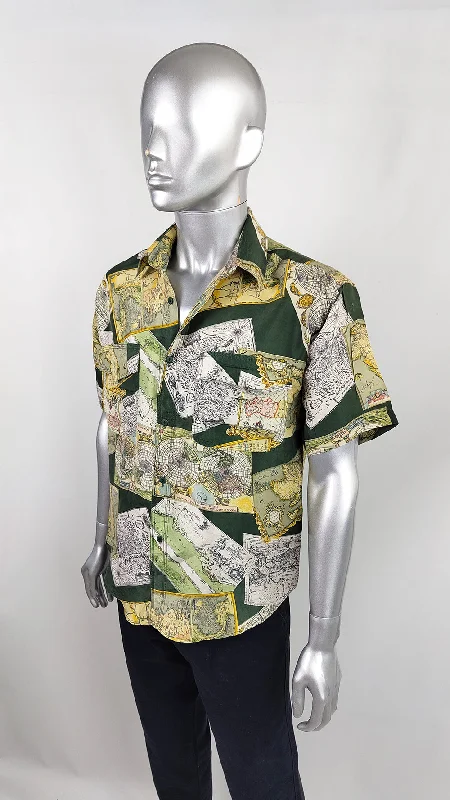 Vintage Mens Green Map Patterned Pure Silk Shirt, 1990s