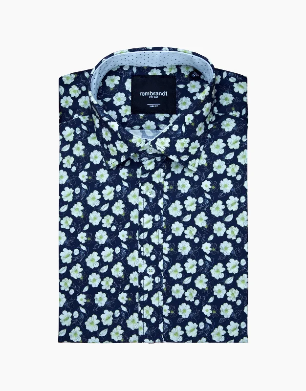 Barbican Blue & Green Floral Print Shirt