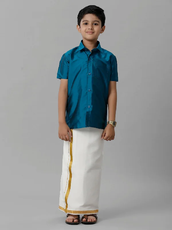 Boys Silk Cotton Light Blue Half Sleeves Shirt with Adjustable Cream Dhoti Combo K1