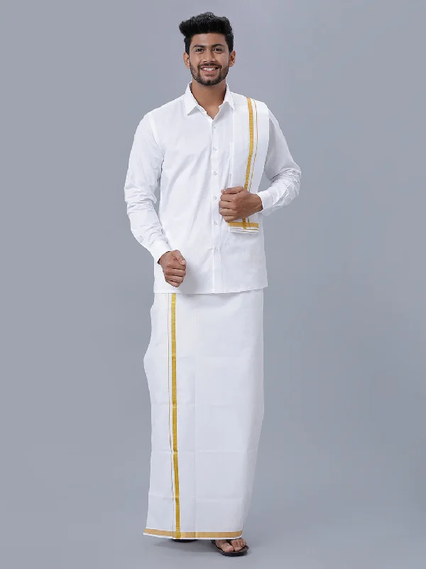 Mens 100% Cotton White Full Sleeves Shirt, Single Dhoti, Towel & Belt Combo