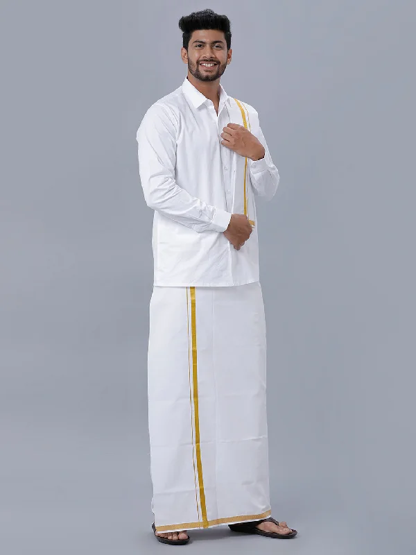 Mens 100% Cotton White Full Sleeves Shirt, Double Dhoti, Towel & Belt Combo