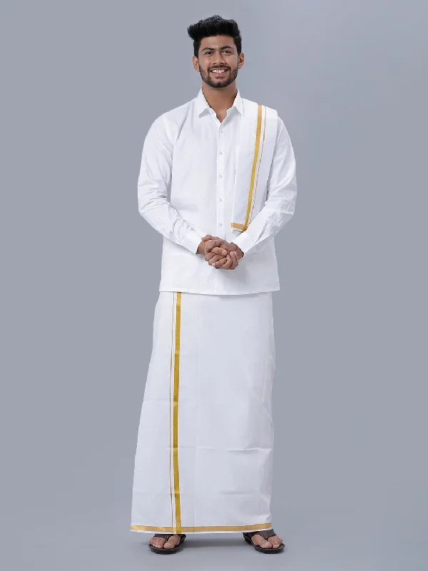 Mens 100% Cotton White Full Sleeves Shirt, Double Dhoti, Towel & Belt Combo