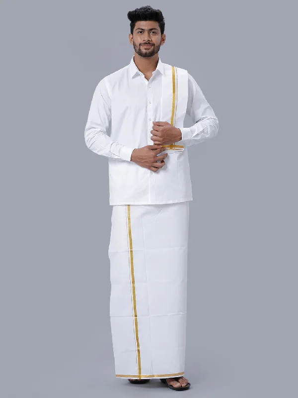 Mens 100% Cotton White Full Sleeves Shirt, Double Dhoti, Towel & Belt Combo