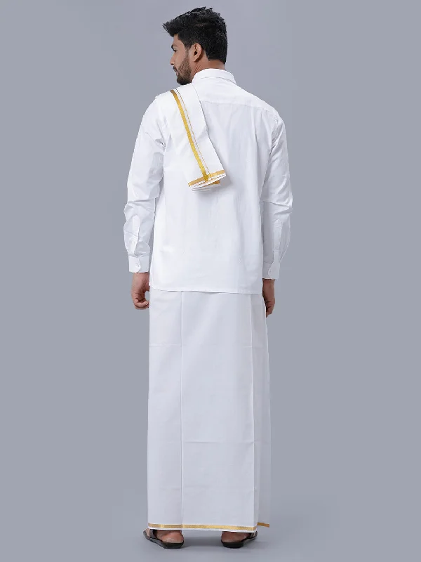 Mens 100% Cotton White Full Sleeves Shirt, Double Dhoti, Towel & Belt Combo