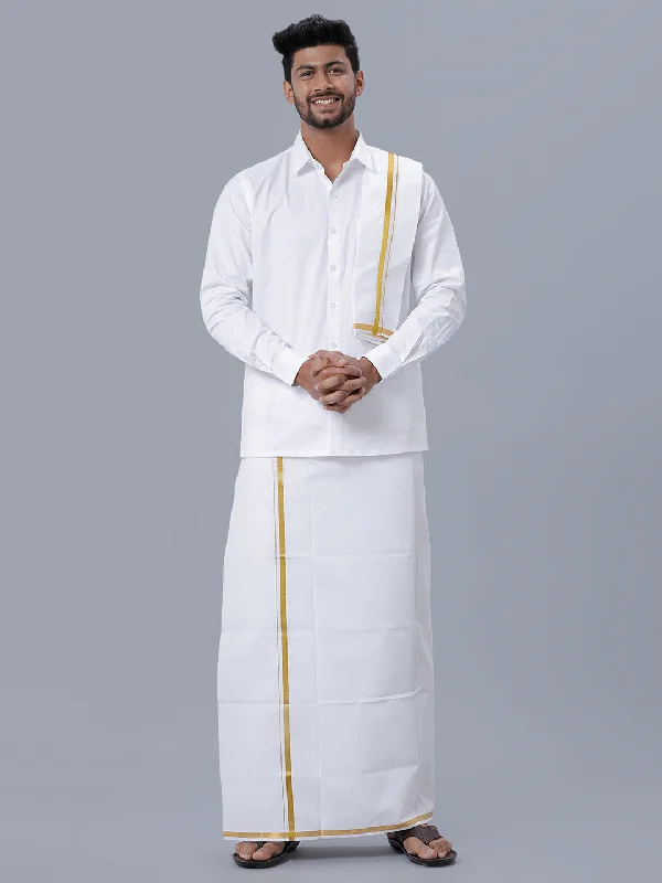 Mens 100% Cotton White Full Sleeves Shirt, Single Dhoti, Towel & Belt Combo