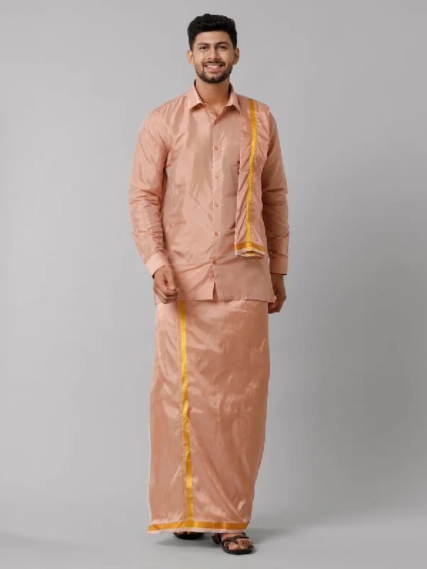 Mens Art Silk Copper Shirt Dhoti Towel Set Swayamvara