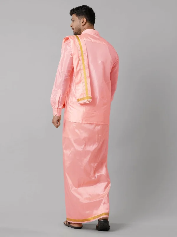 Mens Art Silk Pink Shirt Dhoti Towel Set Swayamvara