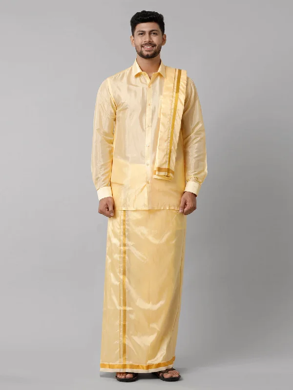 Mens Art Silk Yellow Shirt Dhoti Towel Set Swayamvara