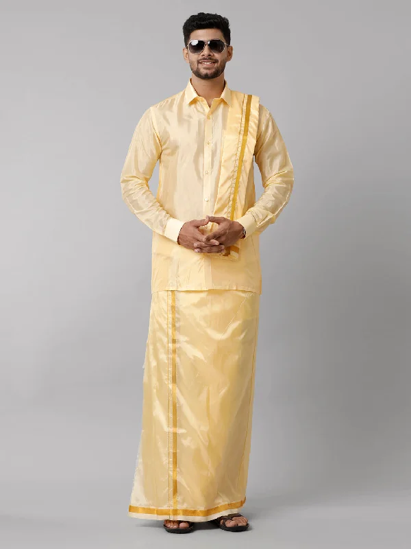 Mens Art Silk Yellow Shirt Dhoti Towel Set Swayamvara