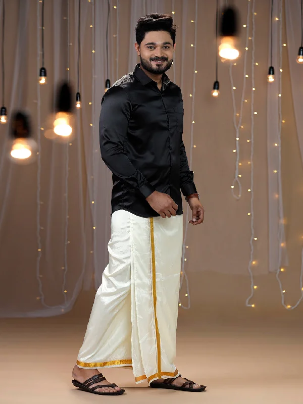 Mens Black Full Sleeves Shirt with Art Silk Double Dhoti Combo PS5