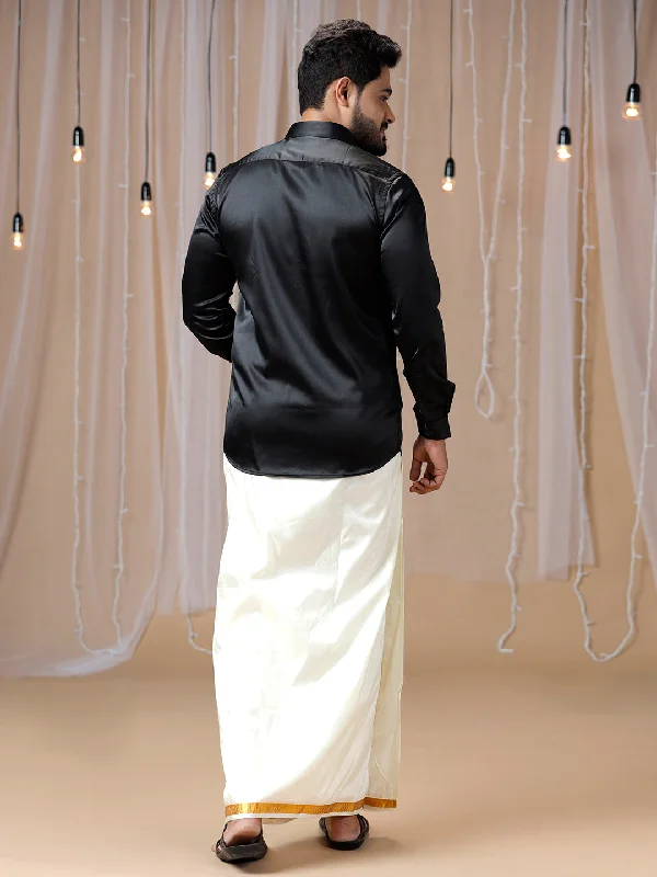 Mens Black Full Sleeves Shirt with Art Silk Double Dhoti Combo PS5