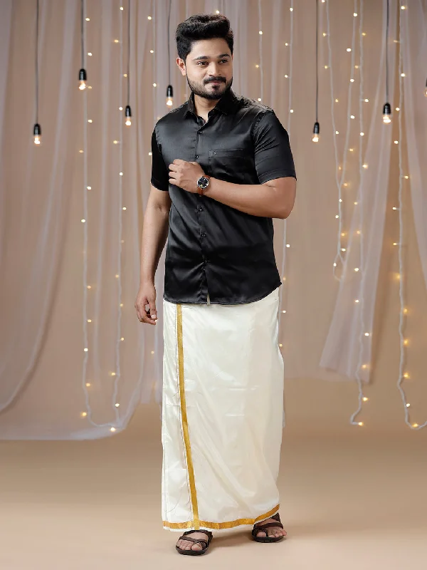 Mens Black Half Sleeves Shirt with Art Silk Double Dhoti Combo PS5