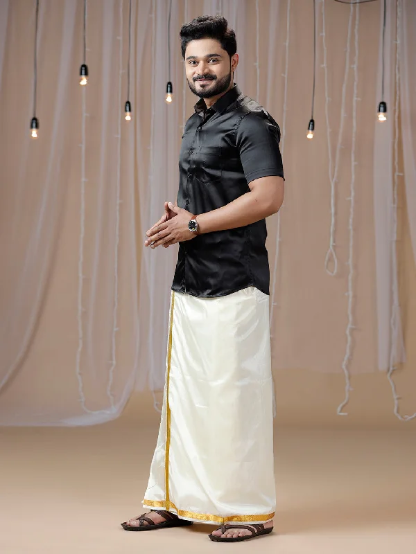 Mens Black Half Sleeves Shirt with Art Silk Double Dhoti Combo PS5