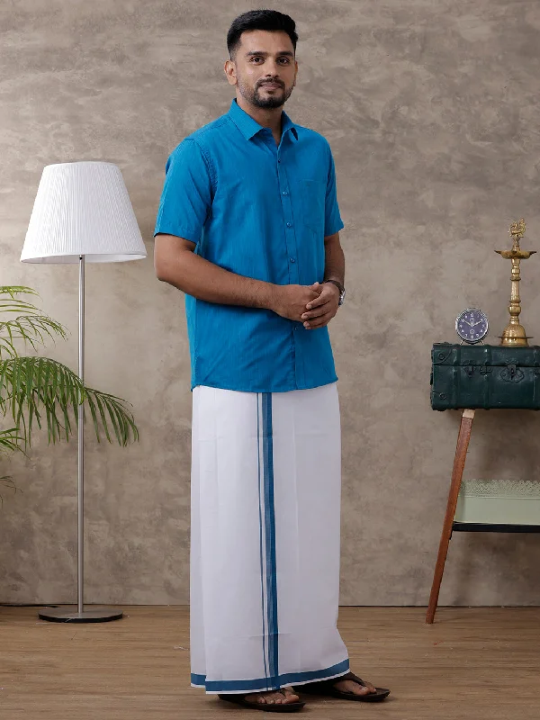 Mens Blue Matching Border Dhoti & Half Sleeves Shirt Set Evolution IC4