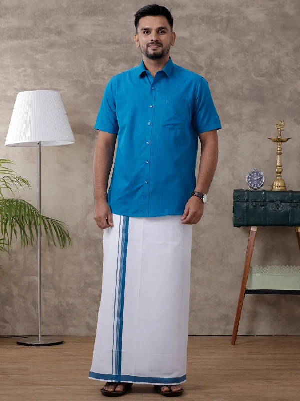 Mens Blue Matching Border Dhoti & Half Sleeves Shirt Set Evolution IC4