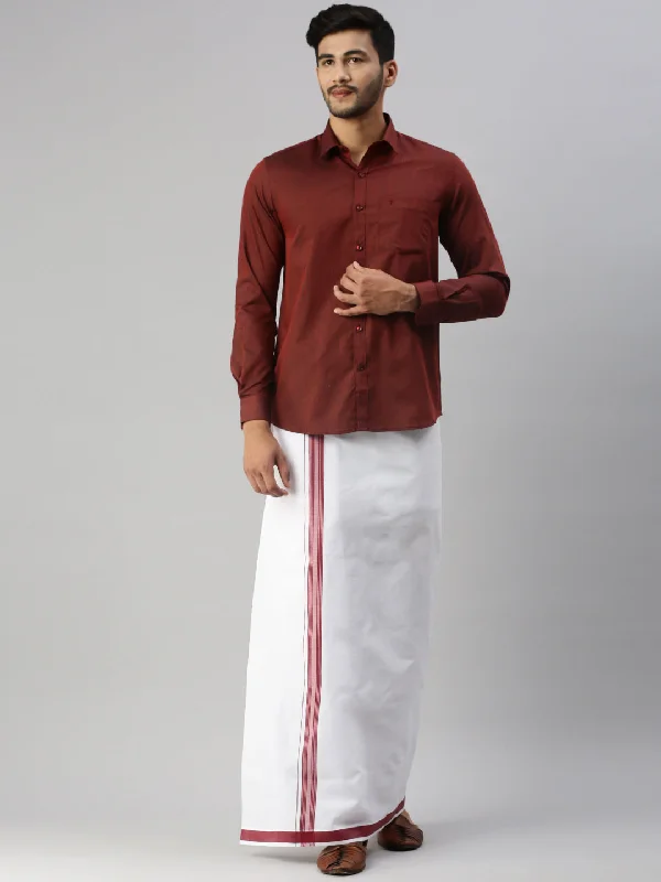 Mens Brown Matching Border Dhoti & Full Sleeves Shirt Set Evolution IC7