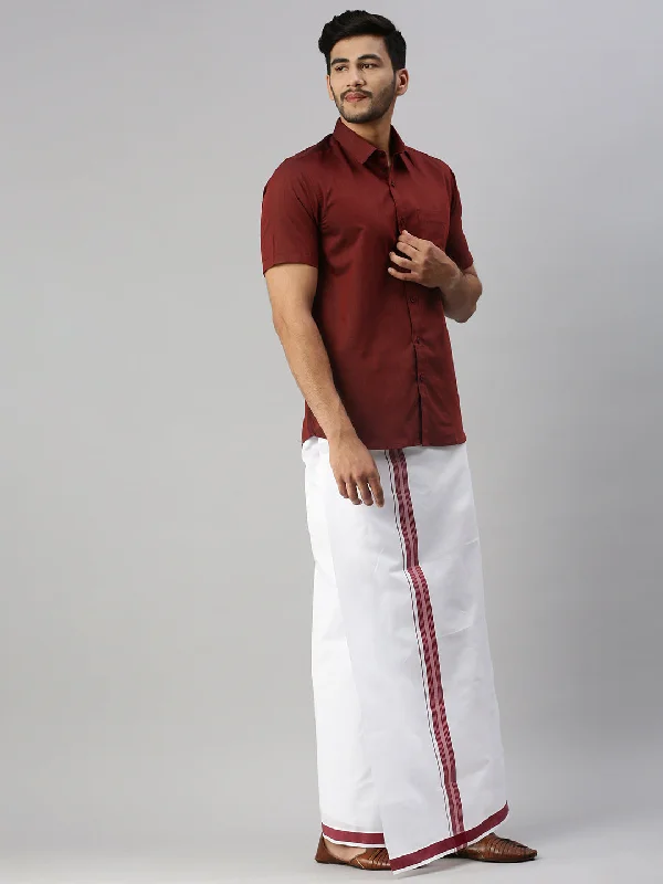 Mens Brown Matching Border Dhoti & Half Sleeves Shirt Set Evolution IC7